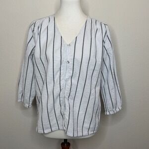 ICHI Cotton Button Up Blouse Sz 36 Textured‎ Striped Fabric 3/4 Sleeve Infinora